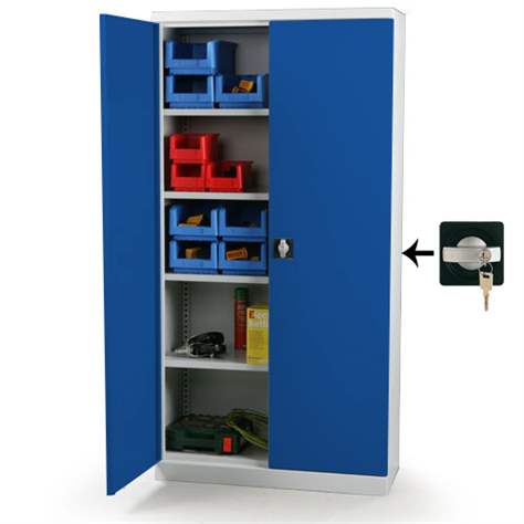 Dulap metalic cu polițe și uși batante birou arhiva atelier HxLxl 1990x1200x435 mm, corp gri RAL7035 si uși albastre RAL5010 - Malow