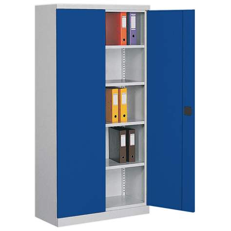Dulap metalic cu polițe și uși batante birou arhiva atelier HxLxl 1990x1200x435 mm, corp gri RAL7035 si uși albastre RAL5010 - Malow - imagine2