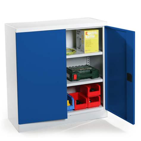 Dulap metalic cu polițe și uși batante birou arhiva atelier HxLxl 1040 x 800 x 435 mm corp gri RAL7035 uși albastre RAL5010 - Malow