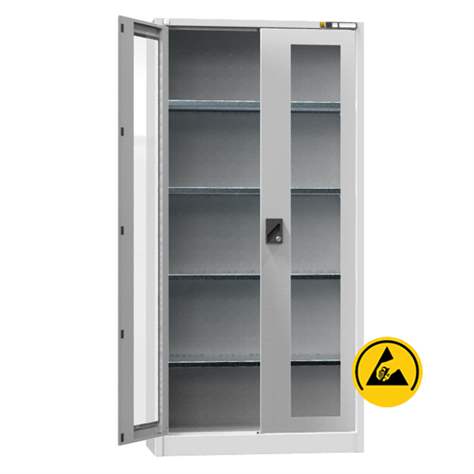 ESD Werkstatt-Schrank, HxBxT: 1950x950x400 mm, Flügeltüren mit Sichtfenster, 4 Fachböden 100 kg, Farbe Lichtgrau RAL7035 - Polak CZ, s.r.o.