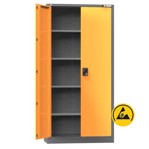 Dulap metalic de atelier ESD cu uși batante, HxLxl: 1950x950x400 mm, 4 x polițe 100 kg, antracit RAL7016/portocaliu RAL1028 - Polak CZ, s.r.o.