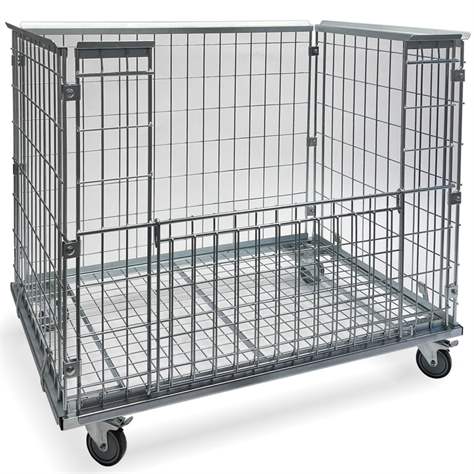 Pojízdný, pozinkovaný, drátěný box 1200x800 mm, vnitřní výška 850 mm, sklopná stěna, nosnost 250 kg