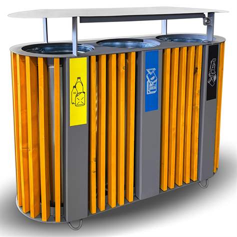 Coș colector selectiv de deșeuri cu șipci de lemn în nuanță aurie de pin, cu capac, volum 3 x 50 l, înălțime 940 mm