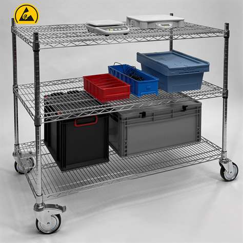ESD-Tischwagen, verchromt, 3 Gitterfachböden, HxBxT: 1000x1220x610 mm