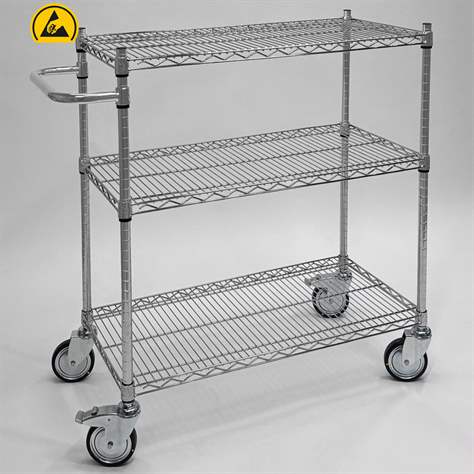 Cărucior antistatic din grilaj de sârmă de oțel, cromat, 3 polițe, HxLxl: 1000x1220x460 mm
