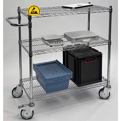 Cărucior antistatic din grilaj de sârmă de oțel, cromat, 3 polițe, HxLxl: 1000x1220x460 mm - imagine6