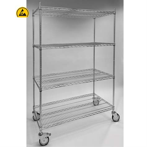 Cărucior antistatic din grilaj de sârmă de oțel, cromat, 4 polițe, HxLxl: 1760x1220x610 mm - imagine7