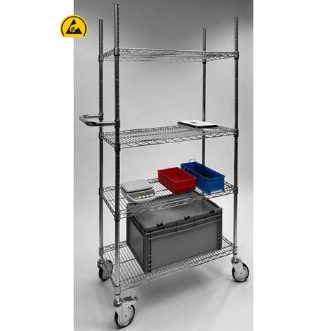 Cărucior antistatic din grilaj de sârmă de oțel, cromat, 4 polițe, HxLxl: 1760x1220x460 mm - imagine8