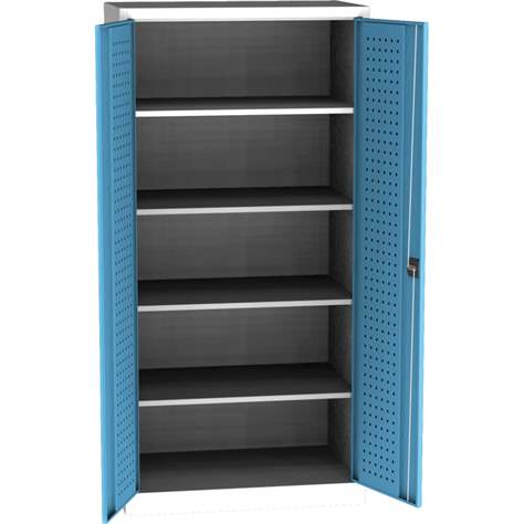 Dulap atelier pentru scule, HxLxl: 1950 x 950 x 600 mm, cu placă perforată, 4 x polițe, gri RAL7035 / albastru deschis RAL5012 - Kovos Verneřice