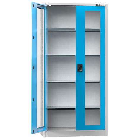 Dulap metalic de atelier cuuși cu fereastră, HxLxl: 1950x950x400 mm, 4 x polițe 100 kg, gri RAL7035 /albastru RAL5012 - Polak CZ, s.r.o.