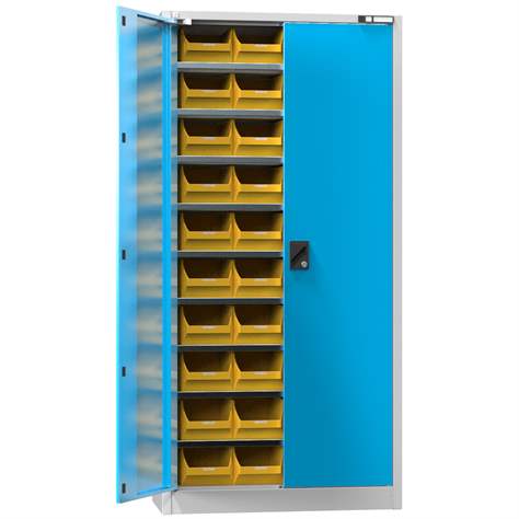 Magazinschrank mit Türen 1950 x 950 x 400 mm, 9 x Fachböden, 40 x Boxen 200 x 350 x 150 mm, Farbe Lichgrau RAL7035 / Blau RAL5012 - Polak CZ, s.r.o.