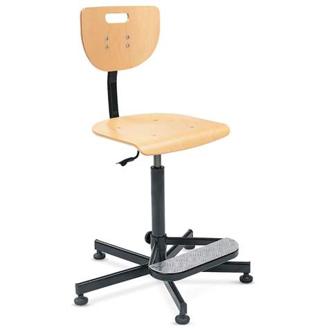 Scaun de lucru atelier productie ergonomic rotativ pentru industrie din placaj decor fag WEREK, înalt, cu glisoare și suport sprijin picioare - Nowy Styl Group