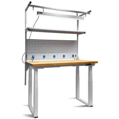 Banc de lucru atelier cu blat din fag 1500x750 mm, reglare electrică a înălțimii, cu raft superior, lumina LED, bloc electric și placă perforată - imagine3