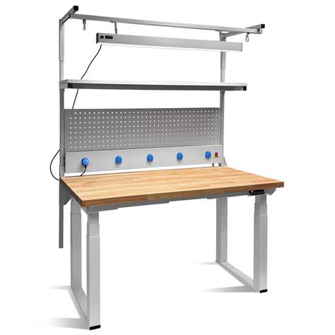 Banc de lucru atelier cu blat din fag 1500x750 mm, reglare electrică a înălțimii, cu raft superior, lumina LED, bloc electric și placă perforată