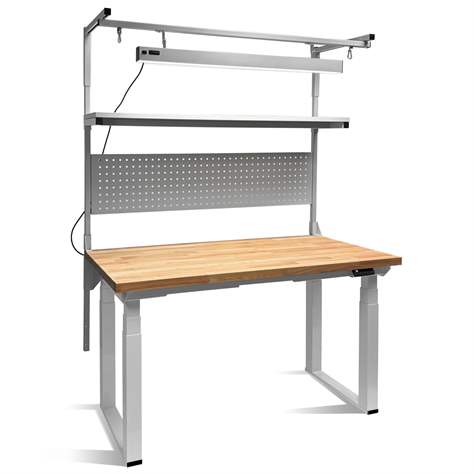 Banc de lucru atelier cu blat din fag 1500x750 mm, reglare electrică a înălțimii, cu raft superior, lumina LED și placă perforată