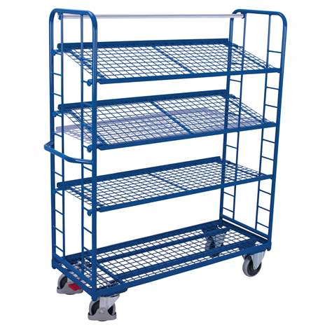 Etážový vozík VARIOfit se šikmými policemi, 4 drátěné police, 1650 x 650 mm, nosnost 400 kg - Cordes