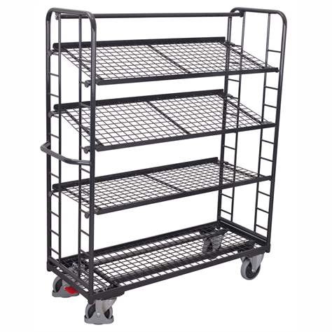 Etážový vozík VARIOfit se šikmými policemi, 4 drátěné police, 1355 x 550 mm, nosnost 250 kg, barva antracit RAL 7016 - Cordes