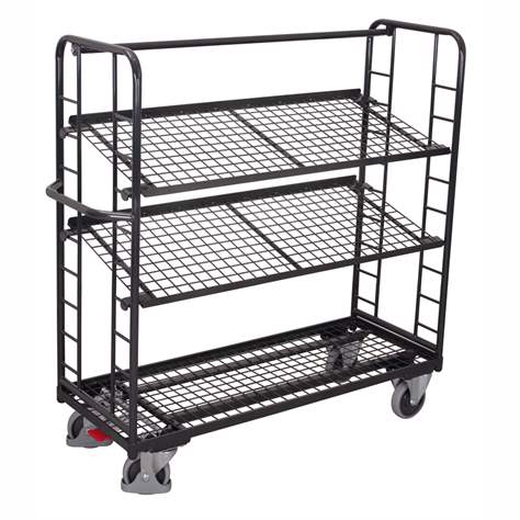 Etážový vozík VARIOfit se šikmými policemi, 3 drátěné police, 1355 x 550 mm, nosnost 250 kg, barva antracit RAL7016 - Cordes
