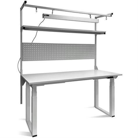 Arbeitstisch KLASIK ELEKTRIC, elektrische Höhenverstellung, mit Aufbau, LED und Lochplatte, 1200x900 mm