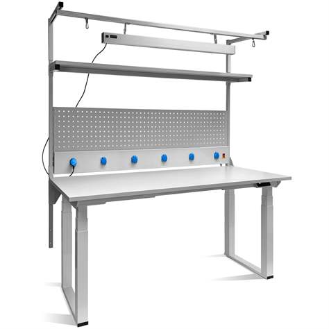 Arbeitstisch KLASIK ELEKTRIC, elektrische Höhenverstellung, mit Aufbau, LED, Lochplatte und Energieleiste, 1200x900 mm