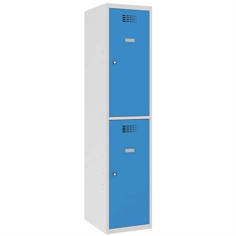 Schließfachschrank WEMO, 2 Abteile, 400x500x1800 mm, Türfarbe Blau RAL5012, ohne Füße, Zylinderschloss - Malow
