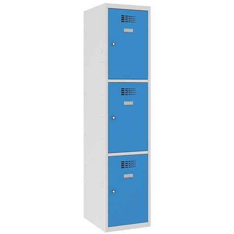 Schließfachschrank WEMO, 3 Abteile, 400x500x1800 mm, Türfarbe Blau RAL5012, ohne Füße, Zylinderschloss - Malow