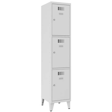 Schließfachschrank WEMO, 3 Abteile, 400x500x1940 mm, mit Füßen, Türfarbe Grau RAL7035, Drehriegelverschluss - Malow