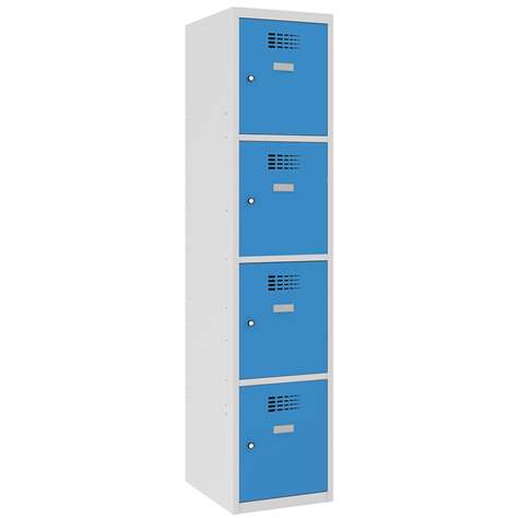 Schließfachschrank WEMO, 4 Abteile, 400x500x1800 mm, Türfarbe Blau RAL5012, ohne Füße, Zylinderschloss - Malow