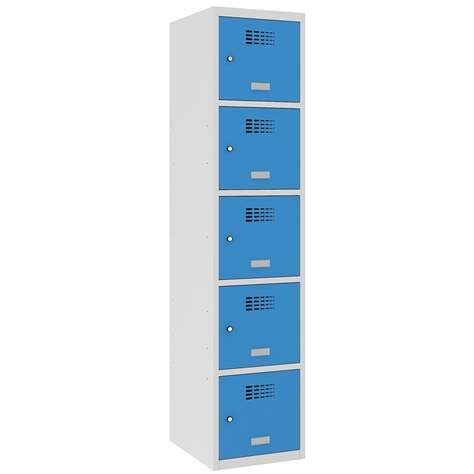 Schließfachschrank WEMO, 5 Abteile, 400x500x1800 mm, Türfarbe Blau RAL5012, ohne Füße, Zylinderschloss - Malow