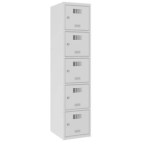 Schließfachschrank WEMO, 5 Abteile, 400x500x1800 mm, Türfarbe Grau RAL7035, ohne Füße, Zylinderschloss - Malow
