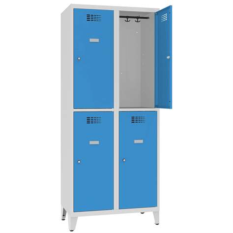 Schließfachschrank WEMO, 2x2 Abteile, 800x500x1940 mm, mit Füßen, Türfarbe Blau RAL5012, Drehriegelverschluss - Malow