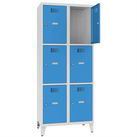 Schließfachschrank WEMO, 2x3 Abteile, 800x500x1940 mm, mit Füßen, Türfarbe Blau RAL5012, Drehriegelverschluss - Malow