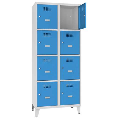 Schließfachschrank WEMO, 2x4 Abteile, 800x500x1940 mm, mit Füßen, Türfarbe Blau RAL5012, Zylinderschloss - Malow