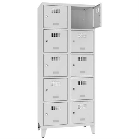 Schließfachschrank WEMO, 2x5 Abteile, 800x500x1940 mm, mit Füßen, Türfarbe Grau RAL7035, Drehriegelverschluss - Malow