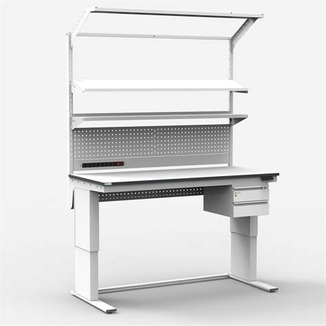 ESD-Arbeitstisch ALFA ELEKTRO, höhenverstellbar, 1500 x 800 mm. mit Schubladen, Etagenbord und Beleuchtung