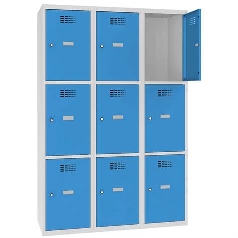 Schließfachschrank WEMO, 3x3 Abteile, 1200x500x1800 mm, Türfarbe Blau RAL5012, Zylinderschloss - Malow