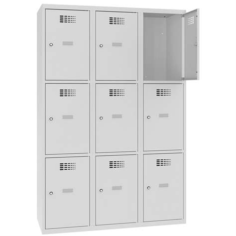 Schließfachschrank WEMO, 3x3 Abteile, 1200x500x1800 mm, Türfarbe Grau RAL7035, Zylinderschloss - Malow