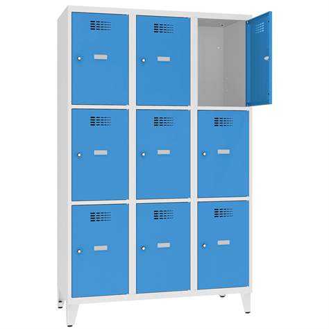 Schließfachschrank WEMO, 3x3 Abteile, 1200x500x1940 mm, Türfarbe Blau RAL5012, Drehriegelverschluss - Malow