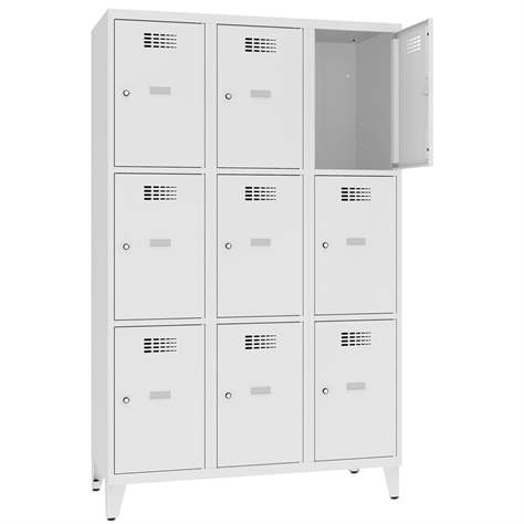 Schließfachschrank WEMO, 3x3 Abteile, 1200x500x1940 mm, Türfarbe Grau RAL7035, Zylinderschloss - Malow