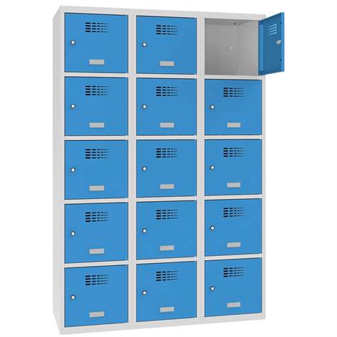 Schließfachschrank WEMO, 3x5 Abteile, 1200x500x1800 mm, Türfarbe Blau RAL5012, Drehriegelverschluss - Malow