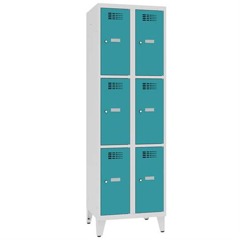 Schließfachschrank WEMO, 2x3 Abteile, 600x500x1940 mm, mit Füßen, Türfarbe Türkisblau RAL5018, Zylinderschloss - Malow