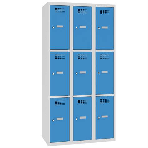 Schließfachschrank WEMO, 3x3 Abteile, 900x500x1800 mm, Türfarbe blau RAL5012, Zylinderschloss - Malow