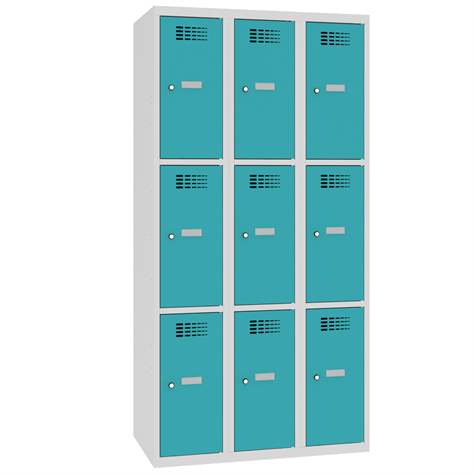 Schließfachschrank WEMO, 3x3 Abteile, 900x500x1800 mm, Türfarbe Türkisblau RAL5018, Zylinderschloss - Malow