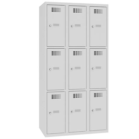 Schließfachschrank WEMO, 3x3 Abteile, 900x500x1800 mm, Türfarbe grau RAL7035, Zylinderschloss - Malow