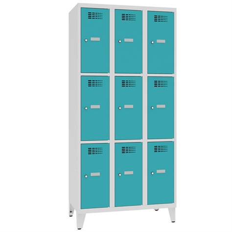 Schließfachschrank WEMO, 3x3 Abteile, 900x500x1940 mm, mit Füßen, Türfarbe Türkisblau RAL5018, Zylinderschloss - Malow