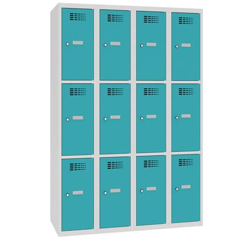Schließfachschrank WEMO, 4x3 Abteile, 1200x500x1800 mm, Türfarbe Türkisblau RAL5018, Zylinderschloss - Malow