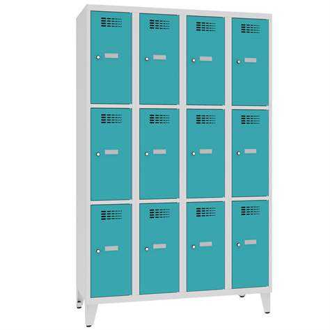Schließfachschrank WEMO, 4x3 Abteile, 1200x500x1940 mm, mit Füßen, Türfarbe Türkisblau RAL5018, Drehriegelverschluss - Malow