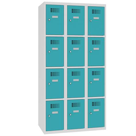 Schließfachschrank WEMO, 3x4 Abteile, 900x500x1800 mm, Türfarbe Türkisblau RAL5018, Zylinderschloss - Malow