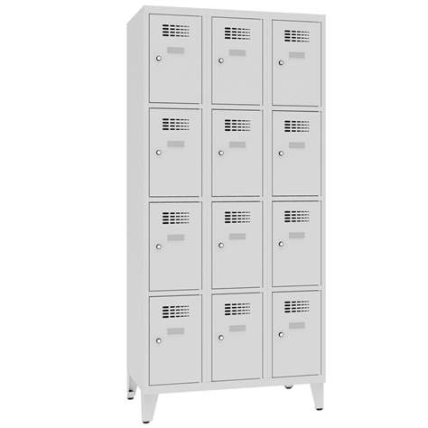 Schließfachschrank WEMO, 3x4 Abteile, 900x500x1940 mm, mit Füßen, Türfarbe grau RAL7035, Zylinderschloss - Malow
