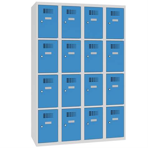 Schließfachschrank WEMO, 4x4 Abteile, 1200x500x1800 mm, Türfarbe blau RAL5012, Zylinderschloss - Malow